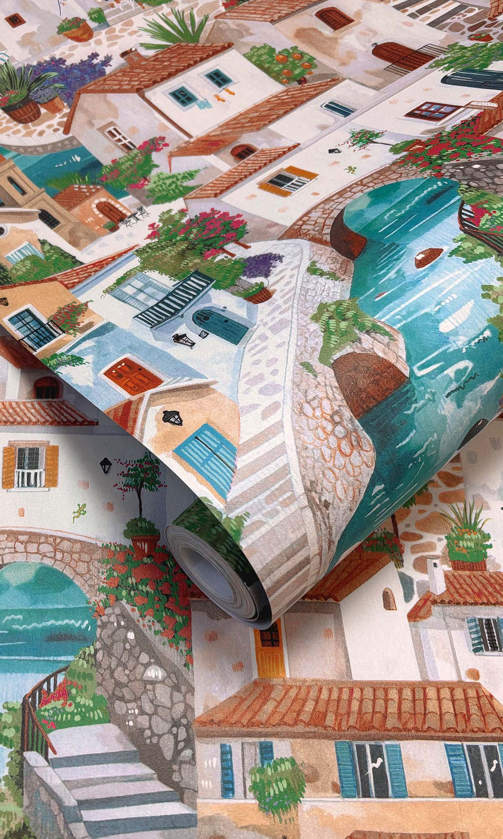 Multi Painted Mediterranean Village Wallpaper R10249