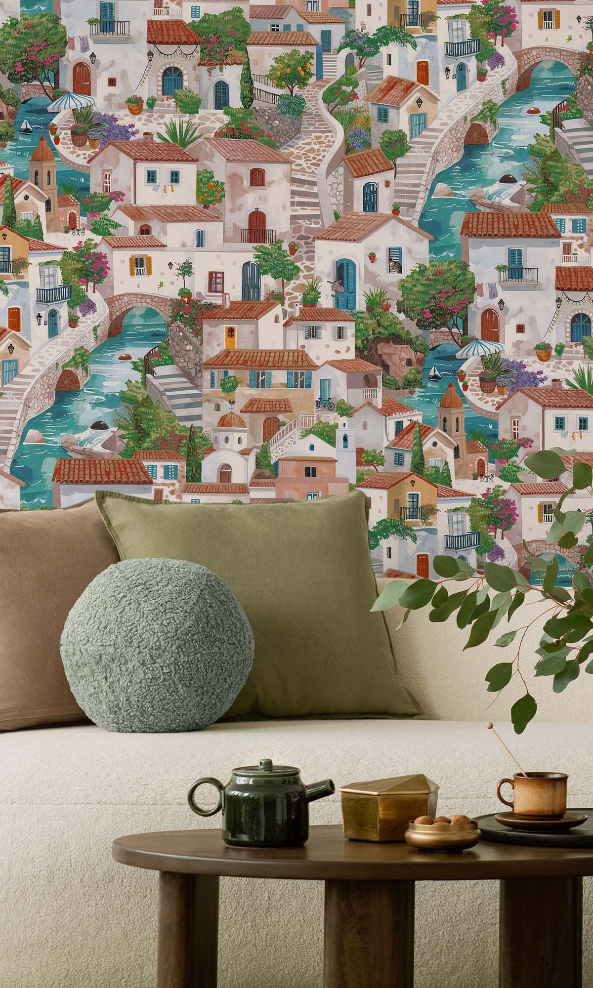 Multi Painted Mediterranean Village Wallpaper R10249