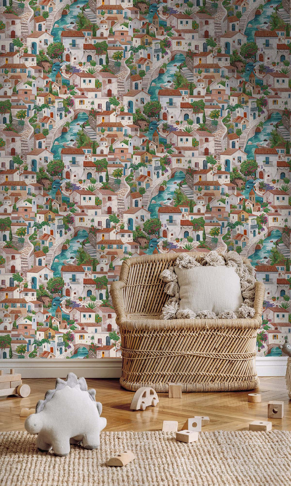 Multi Painted Mediterranean Village Wallpaper R10249