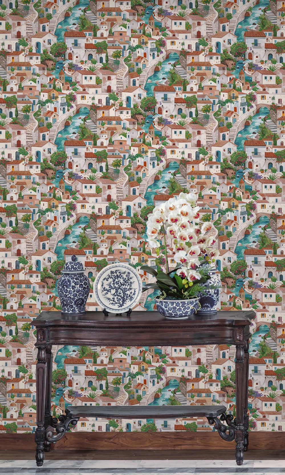Multi Painted Mediterranean Village Wallpaper R10249