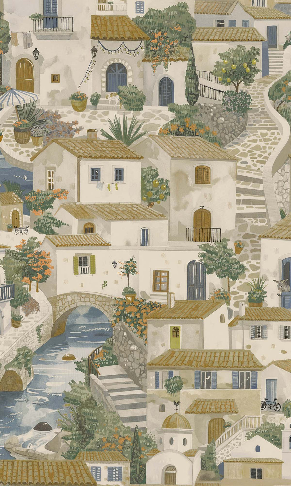 Beige/Blue Painted Mediterranean Village Wallpaper R10250