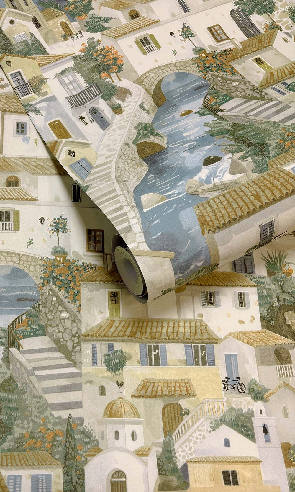 Beige/Blue Painted Mediterranean Village Wallpaper R10250