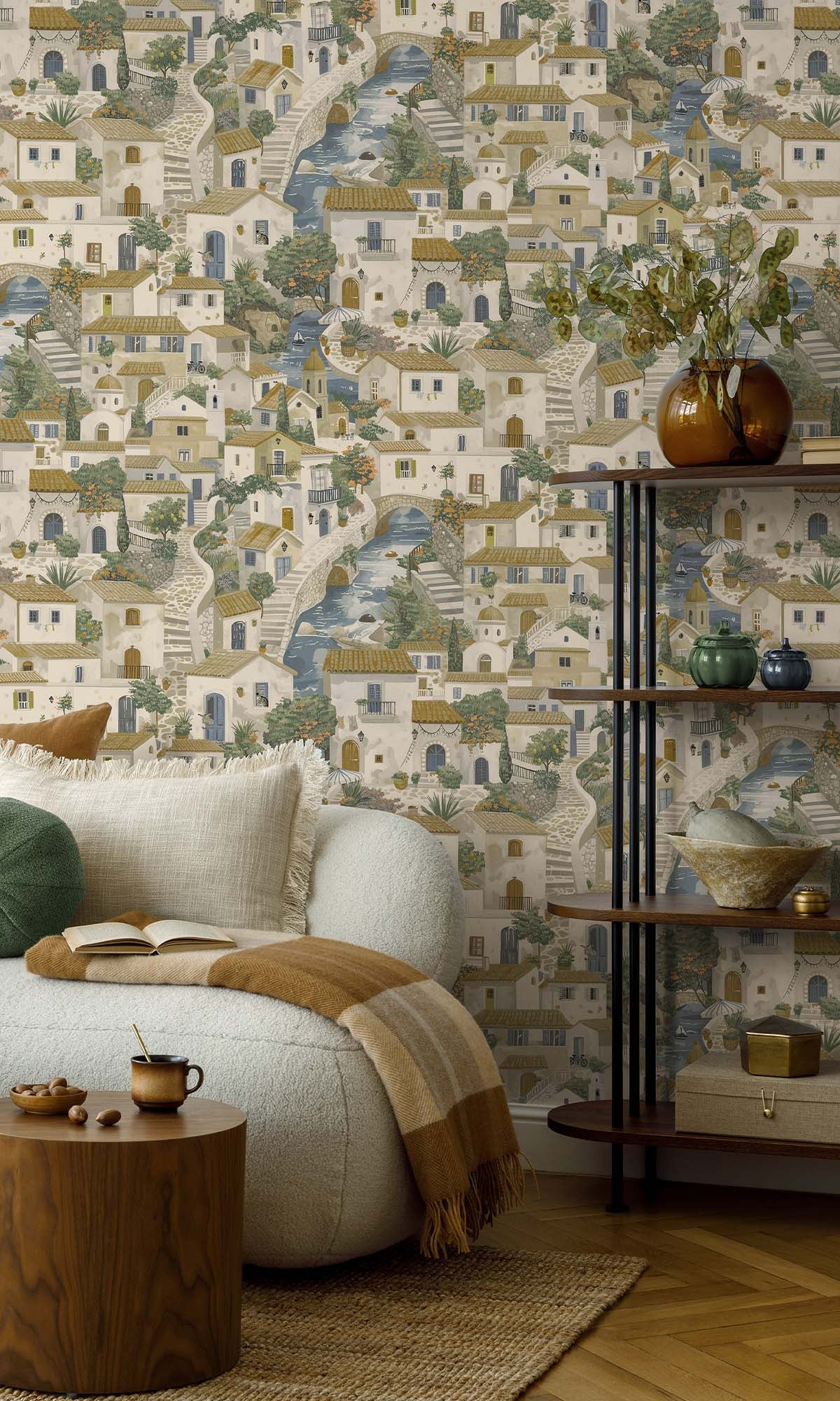 Beige/Blue Painted Mediterranean Village Wallpaper R10250