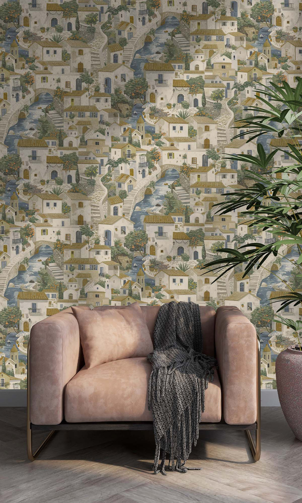 Beige/Blue Painted Mediterranean Village Wallpaper R10250