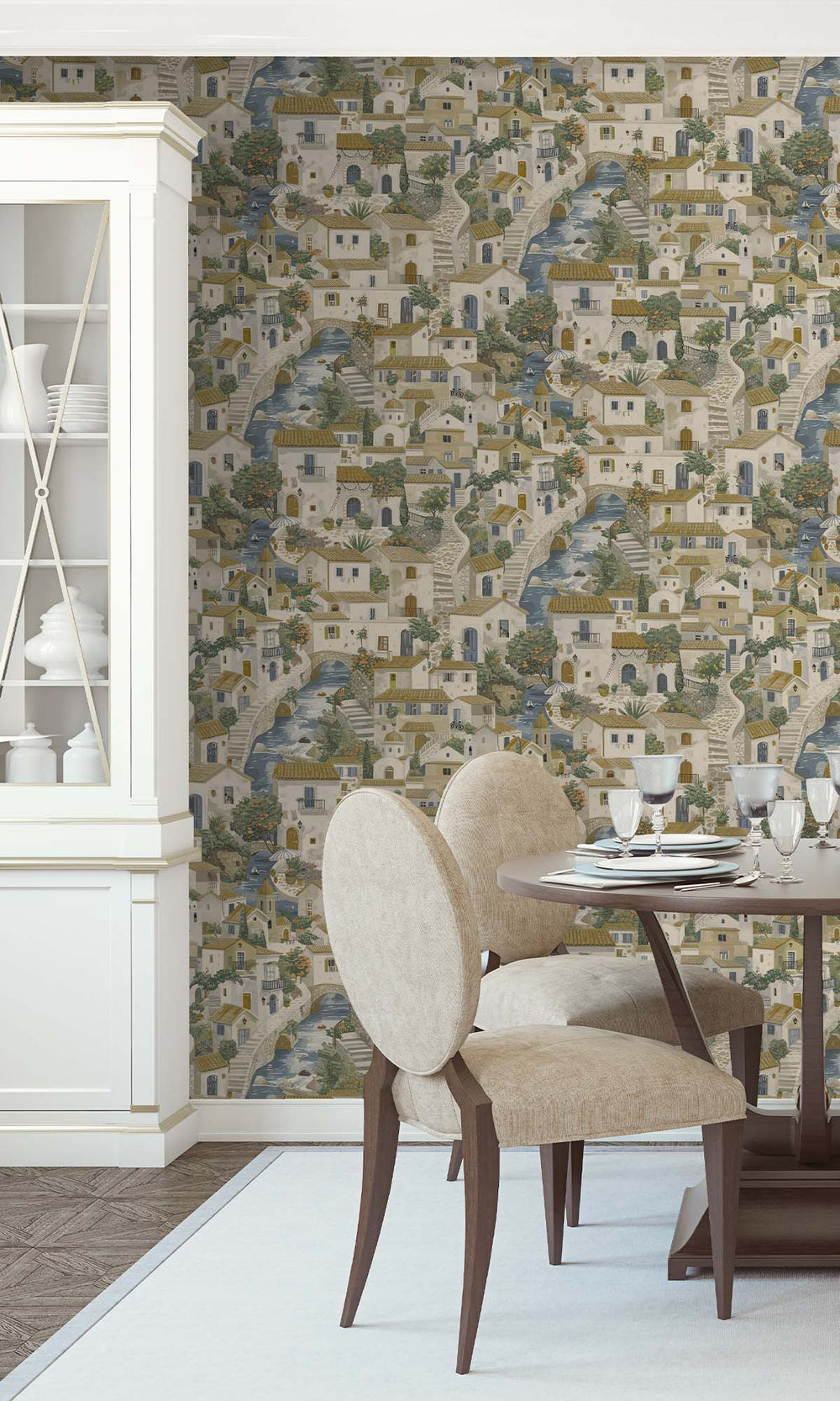 Beige/Blue Painted Mediterranean Village Wallpaper R10250