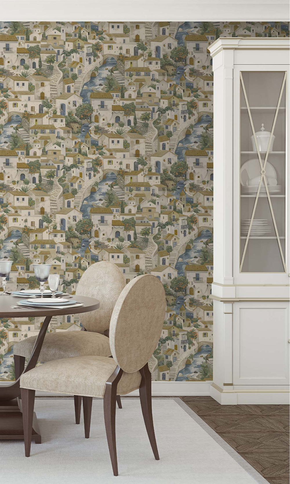 Beige/Blue Painted Mediterranean Village Wallpaper R10250