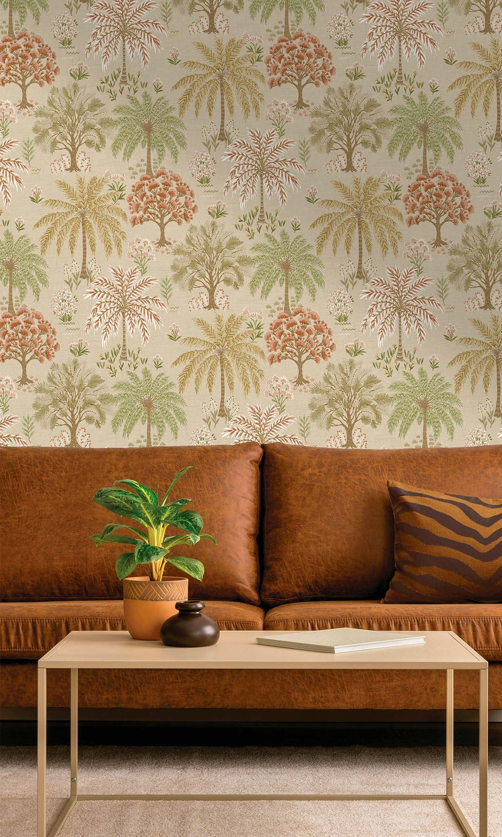 Coral/Beige Tropical Arbors Wallpaper R10251