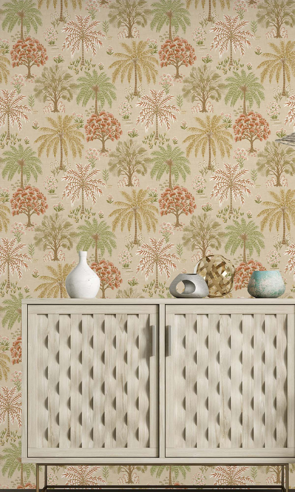 Coral/Beige Tropical Arbors Wallpaper R10251