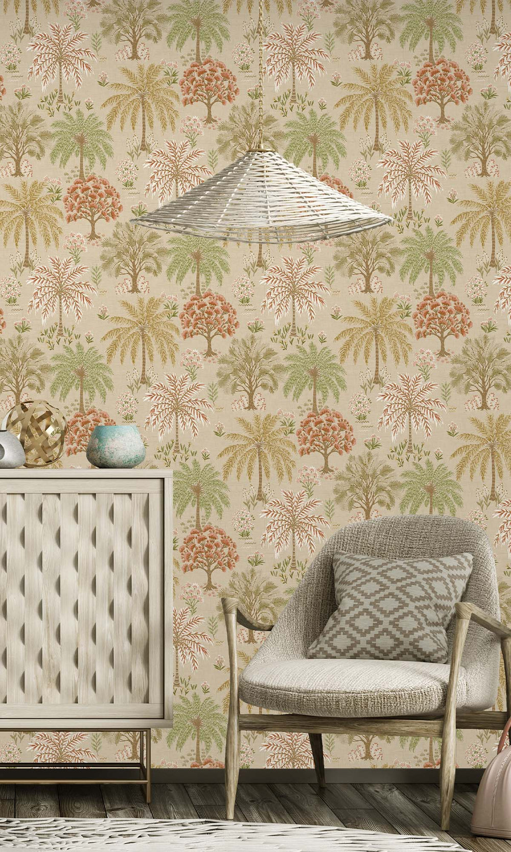 Coral/Beige Tropical Arbors Wallpaper R10251