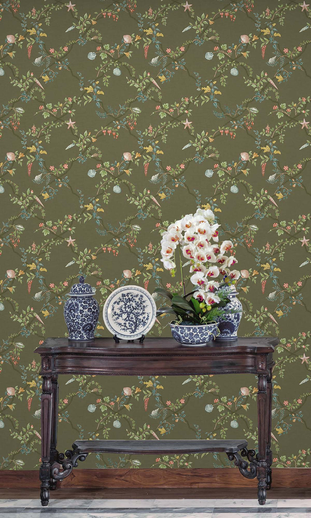 Green Floral Ocean Trellis Wallpaper R10266