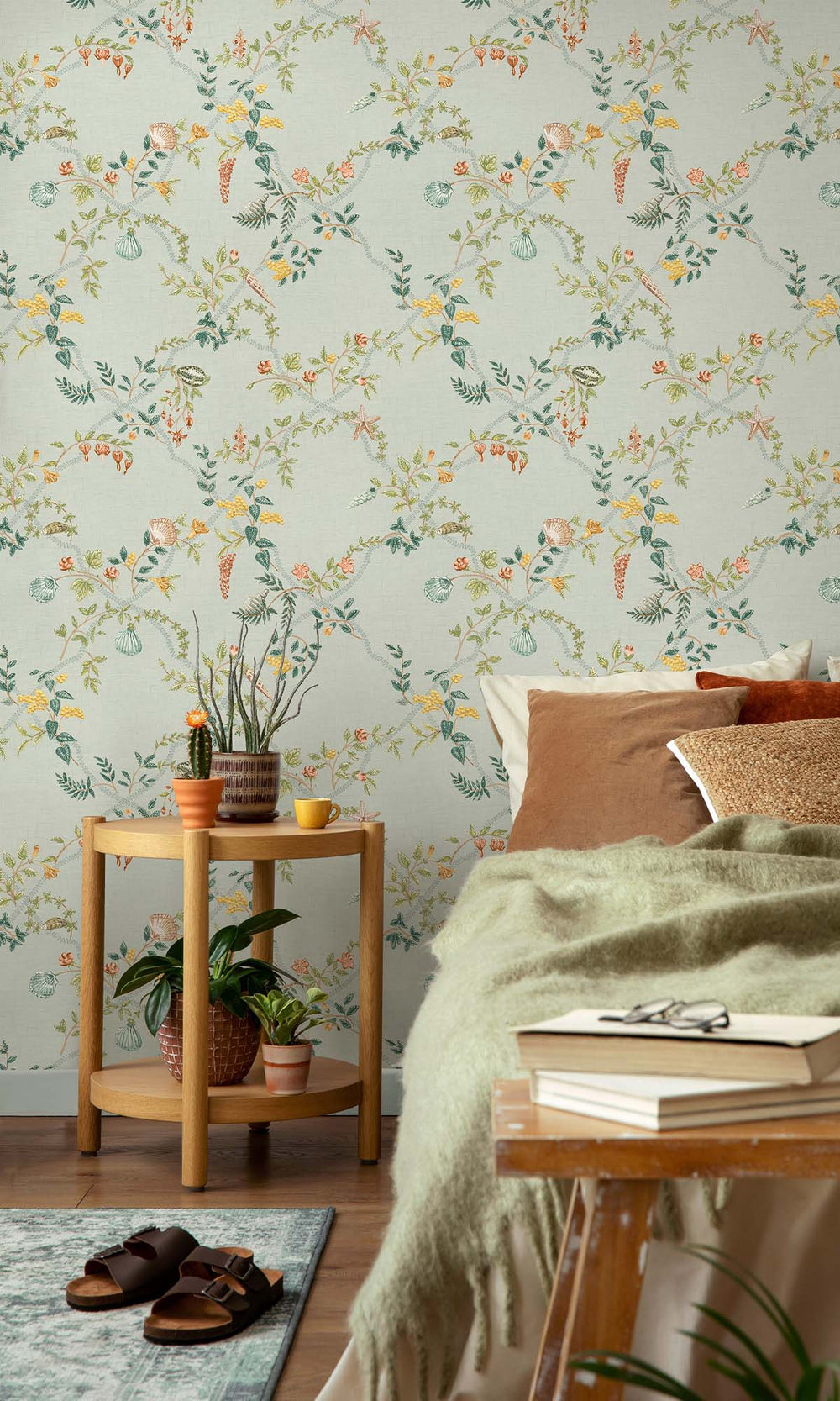 Duck Egg Blue Floral Ocean Trellis Wallpaper R10267