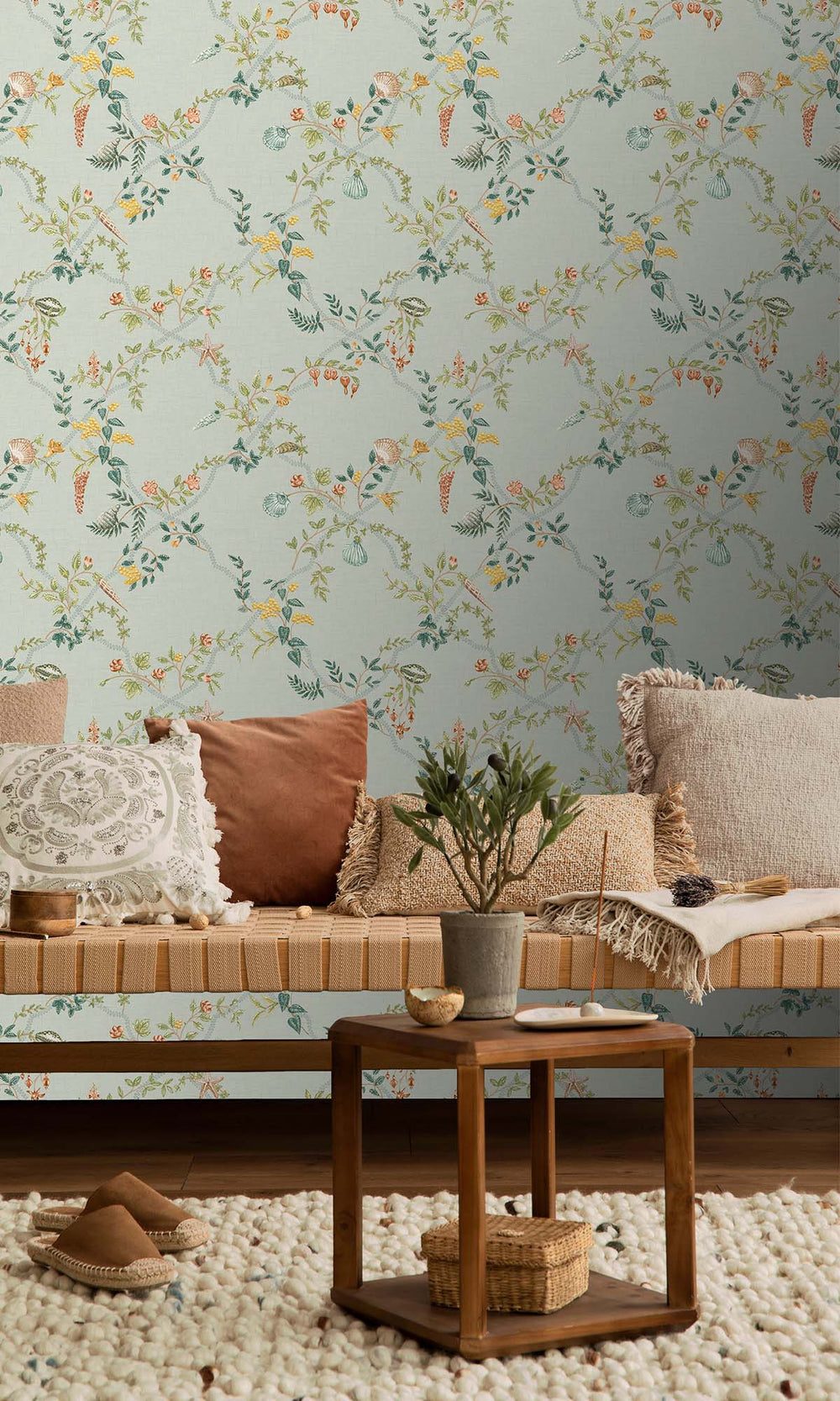 Duck Egg Blue Floral Ocean Trellis Wallpaper R10267