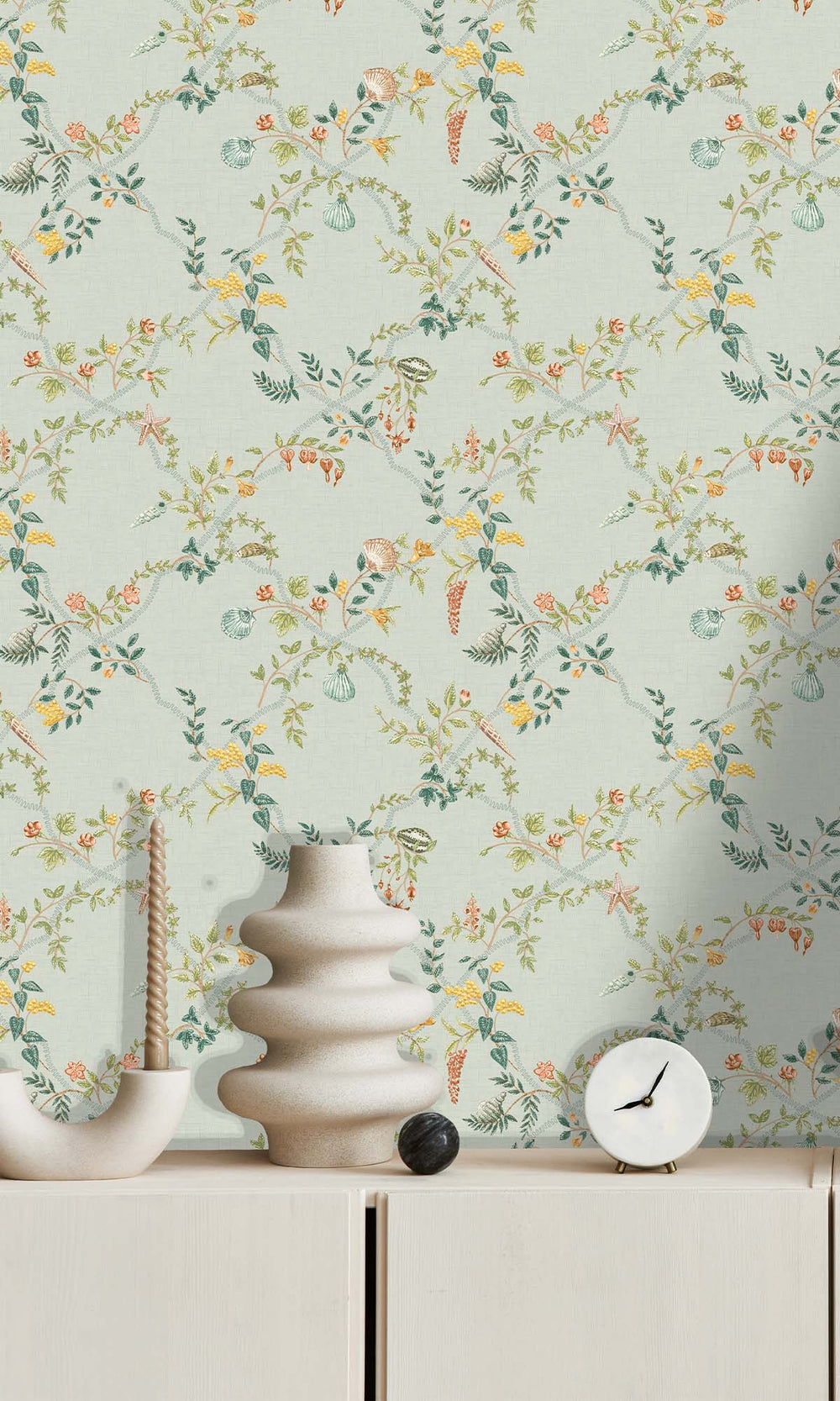 Duck Egg Blue Floral Ocean Trellis Wallpaper R10267
