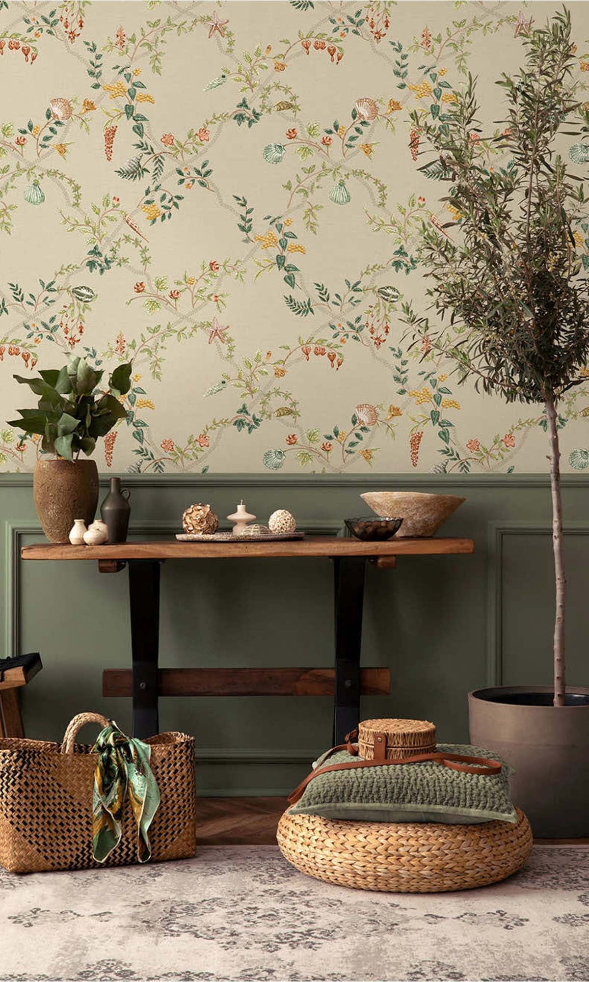 Coral/Beige/Green Floral Ocean Trellis Wallpaper R10268