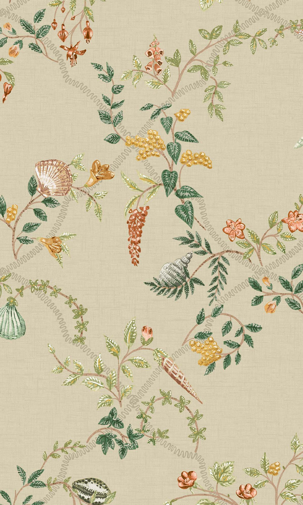 Coral/Beige/Green Floral Ocean Trellis Wallpaper R10268
