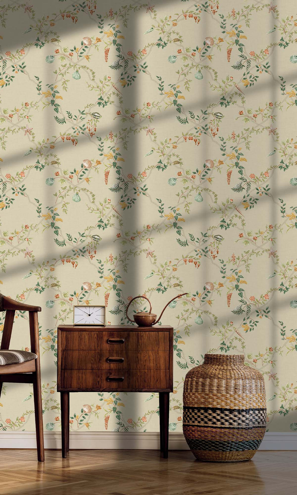 Coral/Beige/Green Floral Ocean Trellis Wallpaper R10268