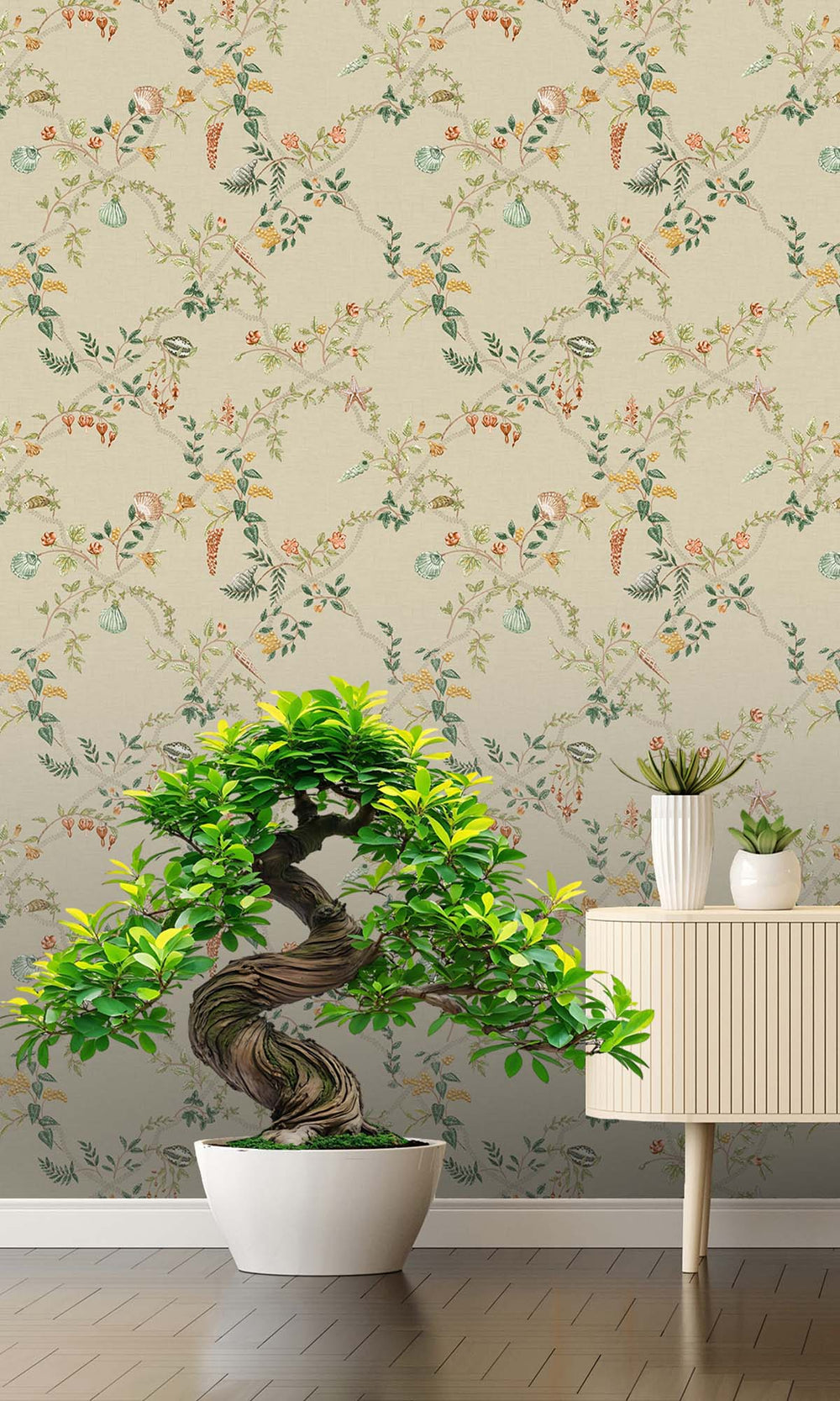 Coral/Beige/Green Floral Ocean Trellis Wallpaper R10268