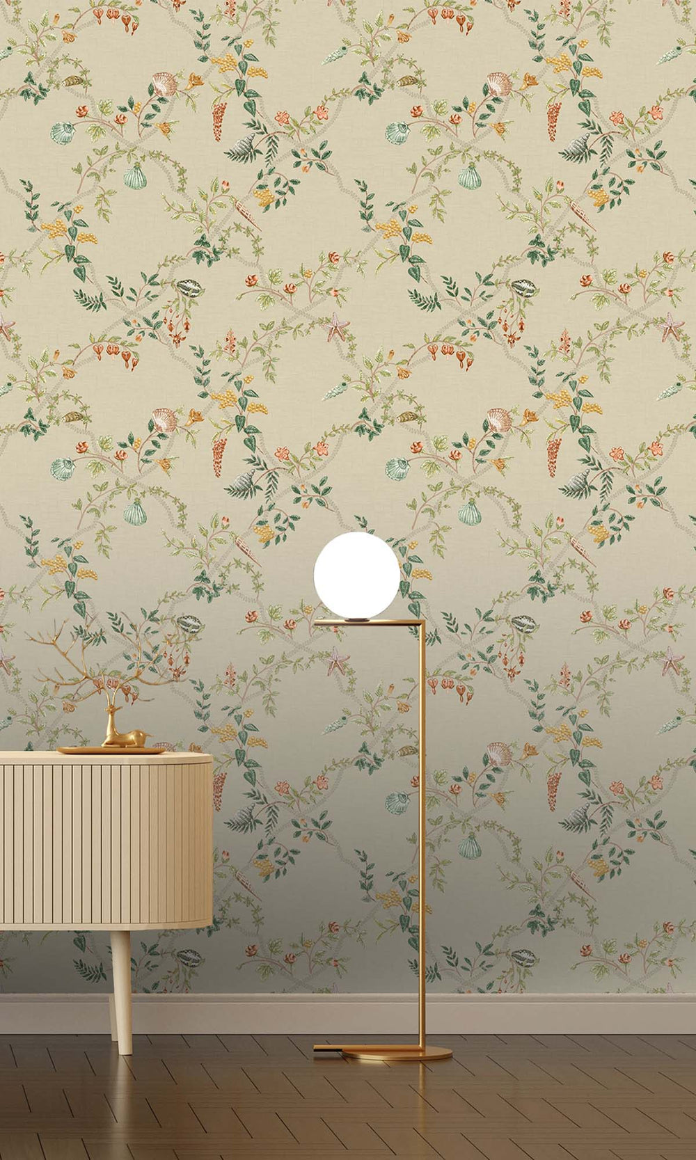 Coral/Beige/Green Floral Ocean Trellis Wallpaper R10268