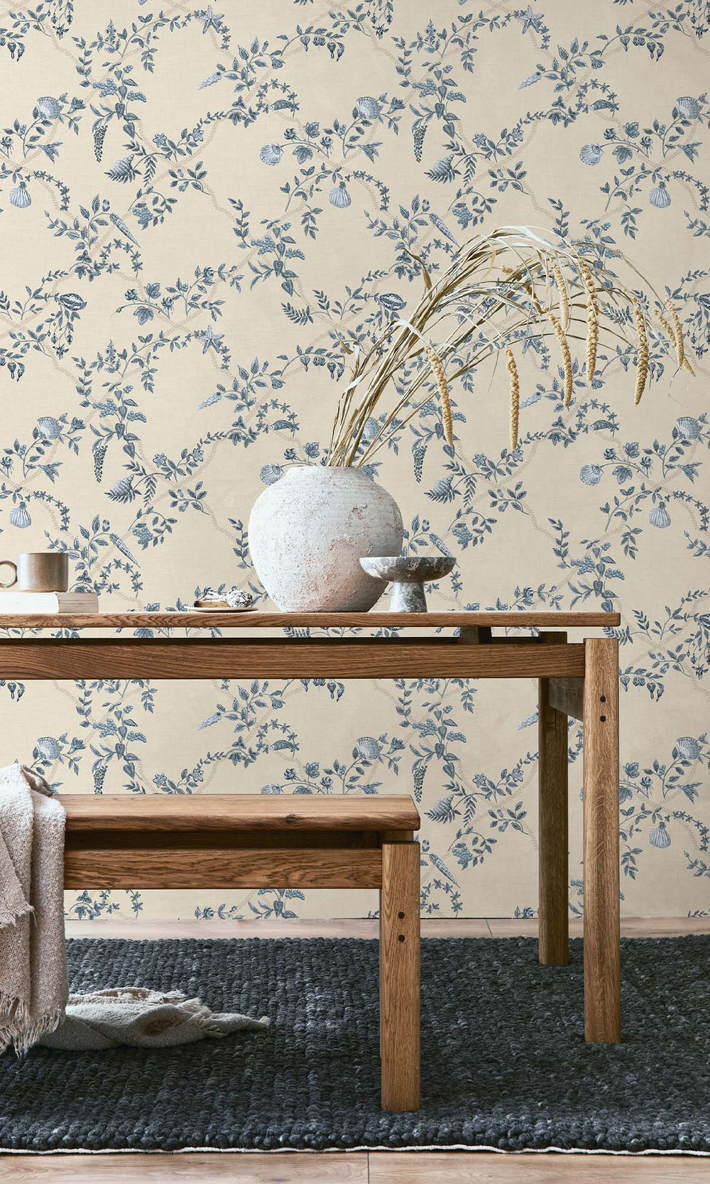 Blue/Cream Floral Ocean Trellis Wallpaper R10269
