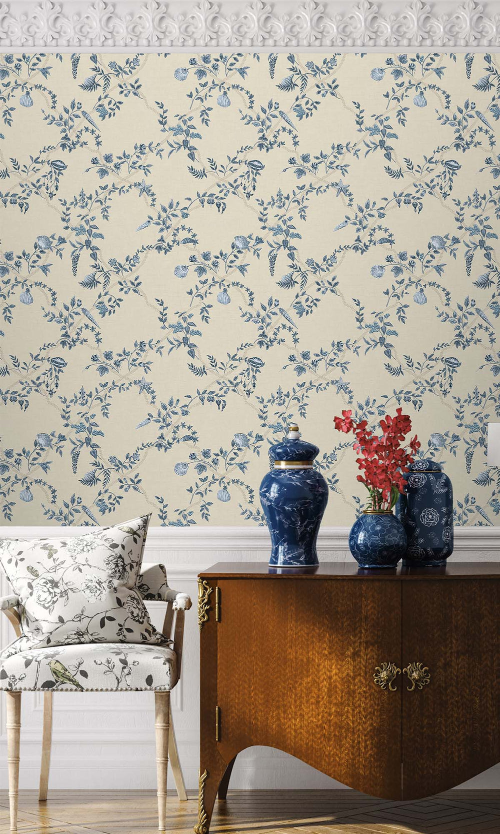 Blue/Cream Floral Ocean Trellis Wallpaper R10269