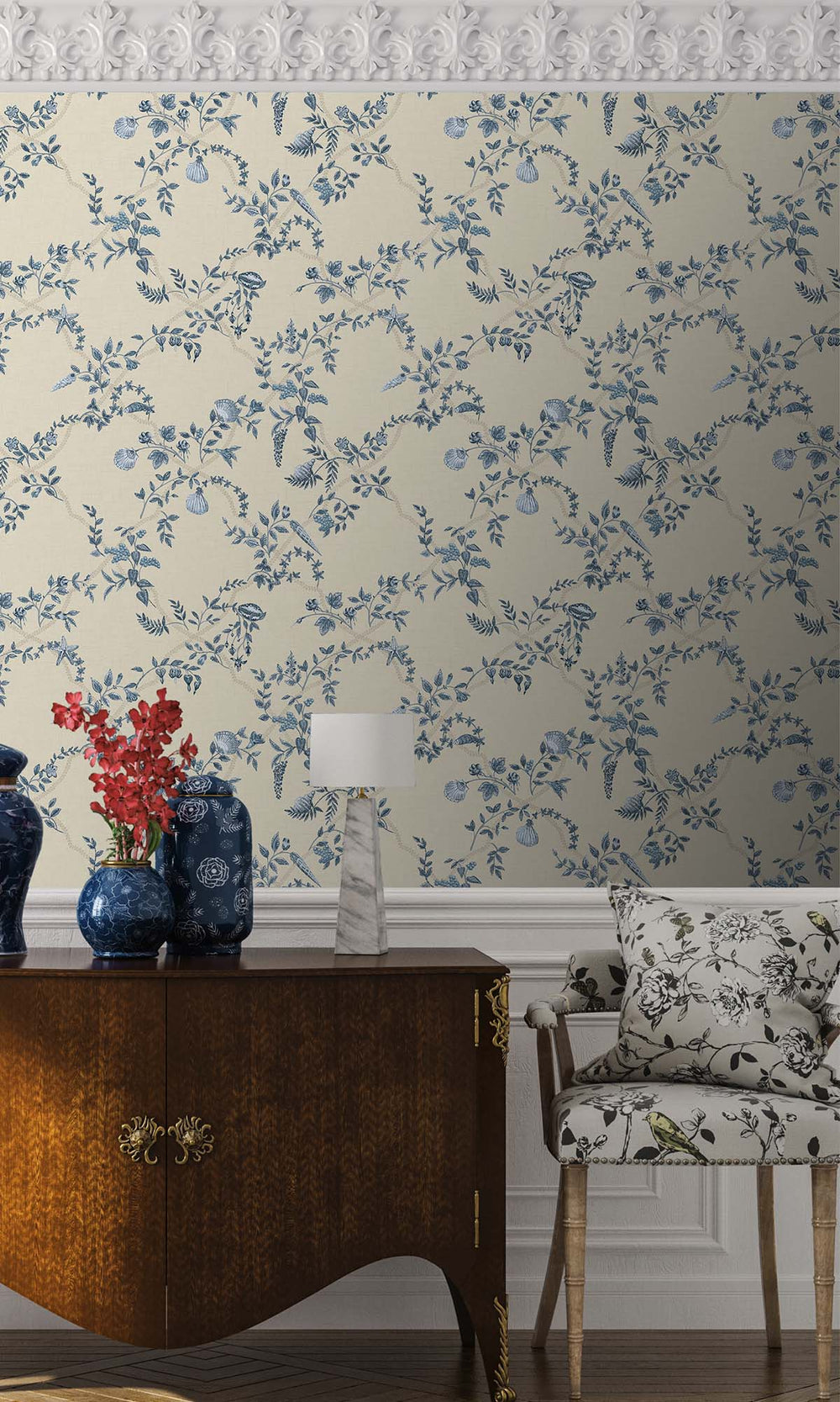 Blue/Cream Floral Ocean Trellis Wallpaper R10269