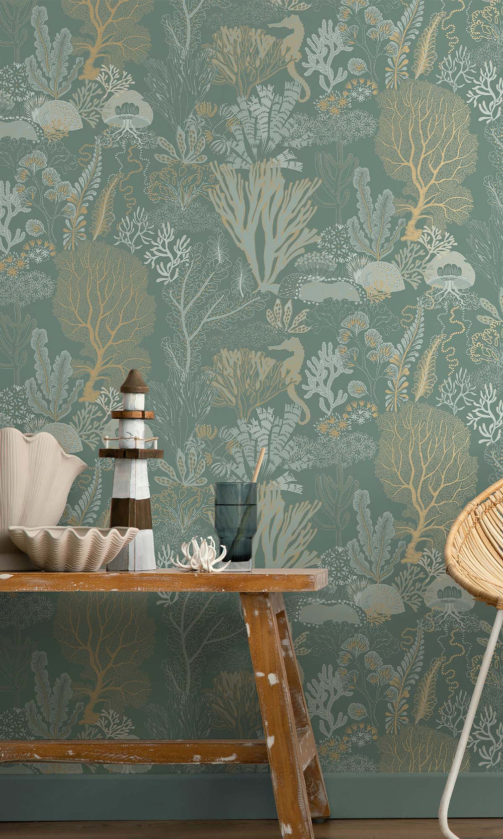 Aqua Coral Silhouettes Wallpaper R10272