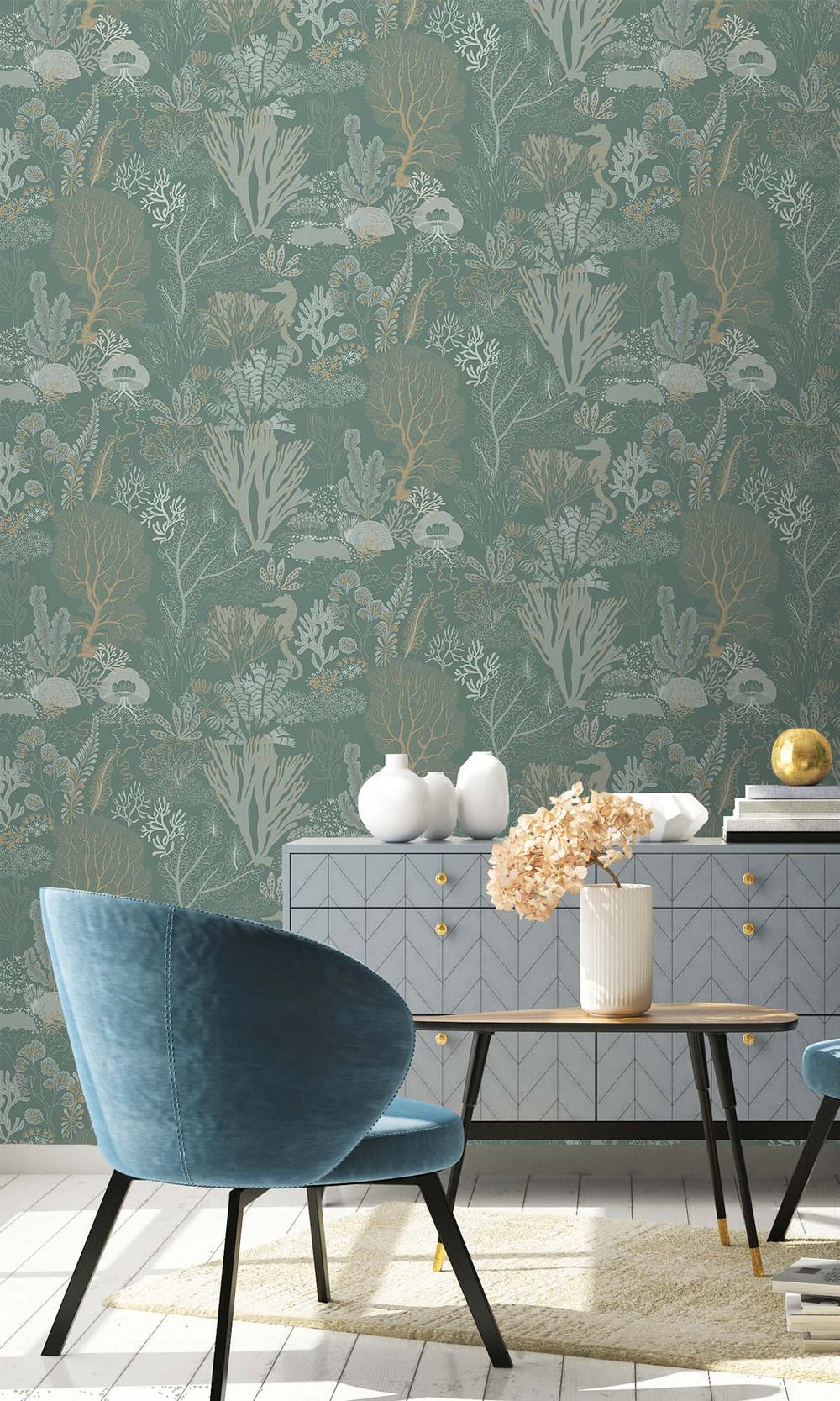 Aqua Coral Silhouettes Wallpaper R10272