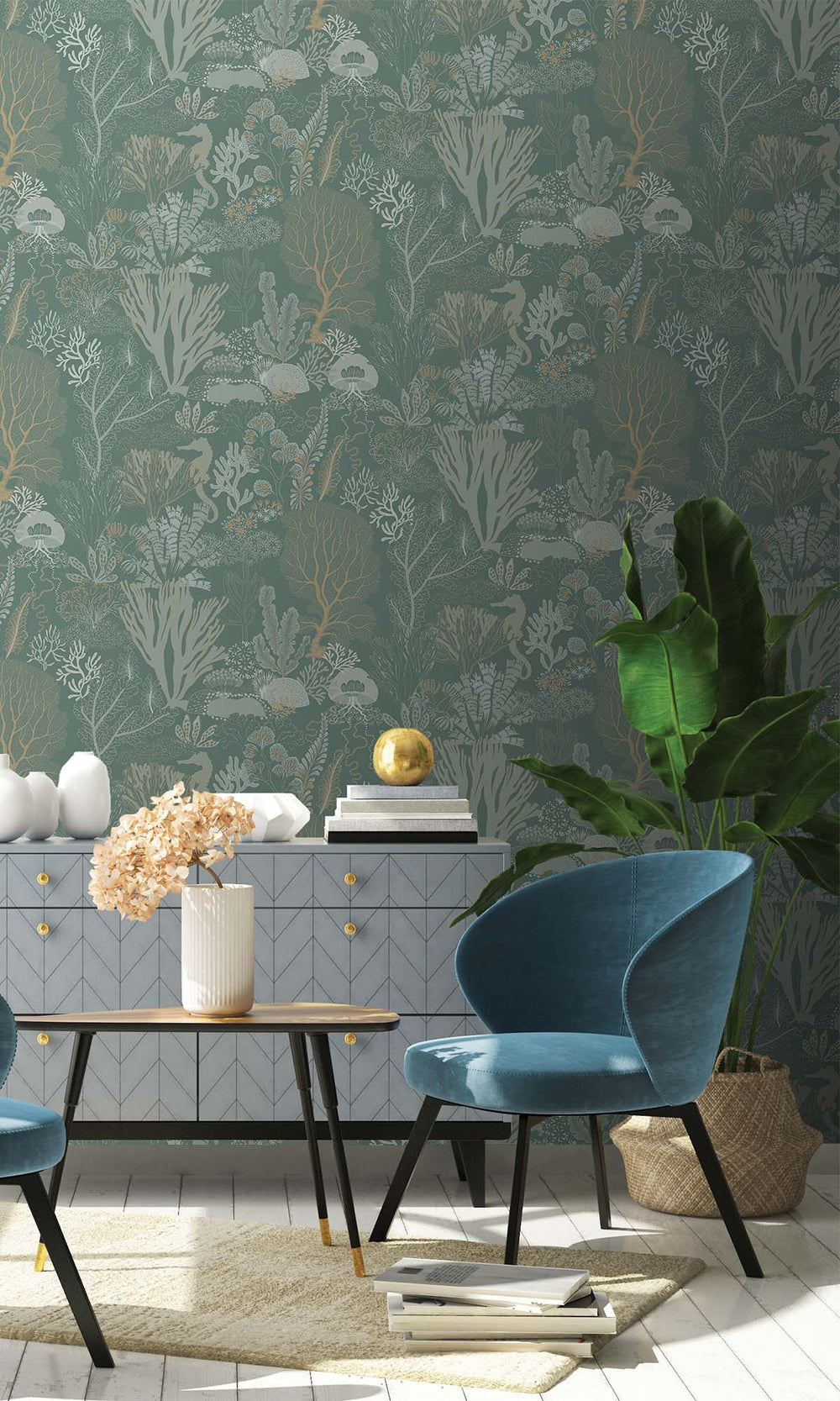 Aqua Coral Silhouettes Wallpaper R10272