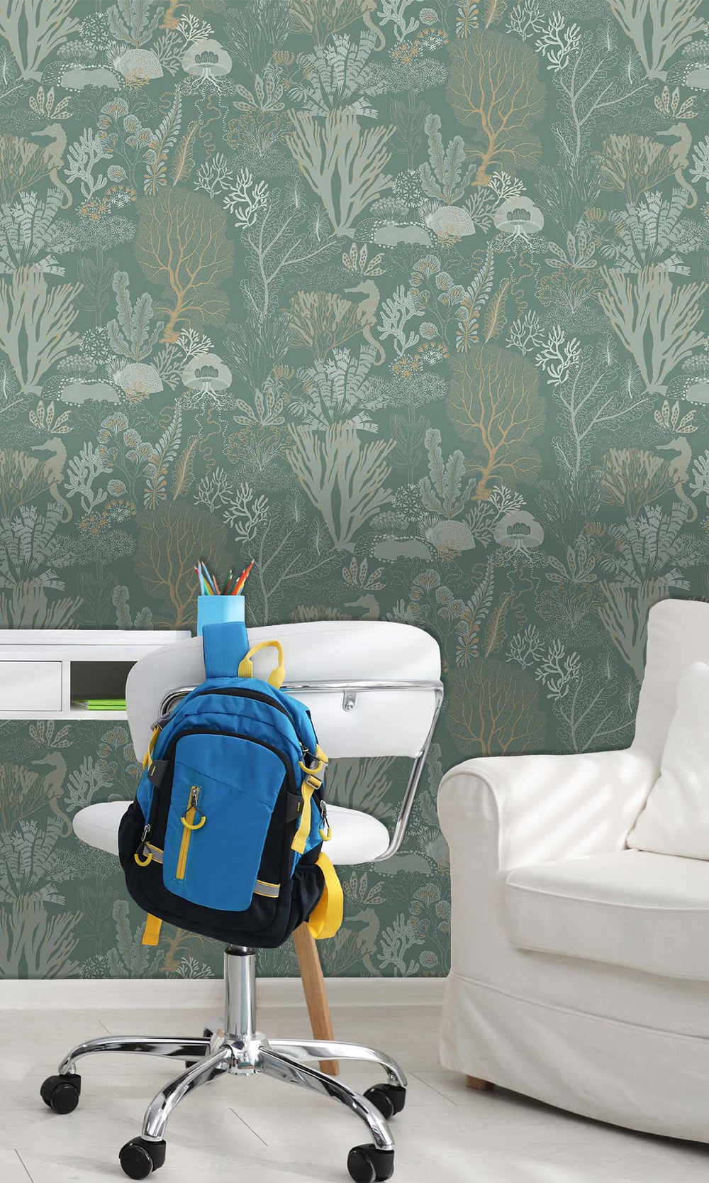 Aqua Coral Silhouettes Wallpaper R10272