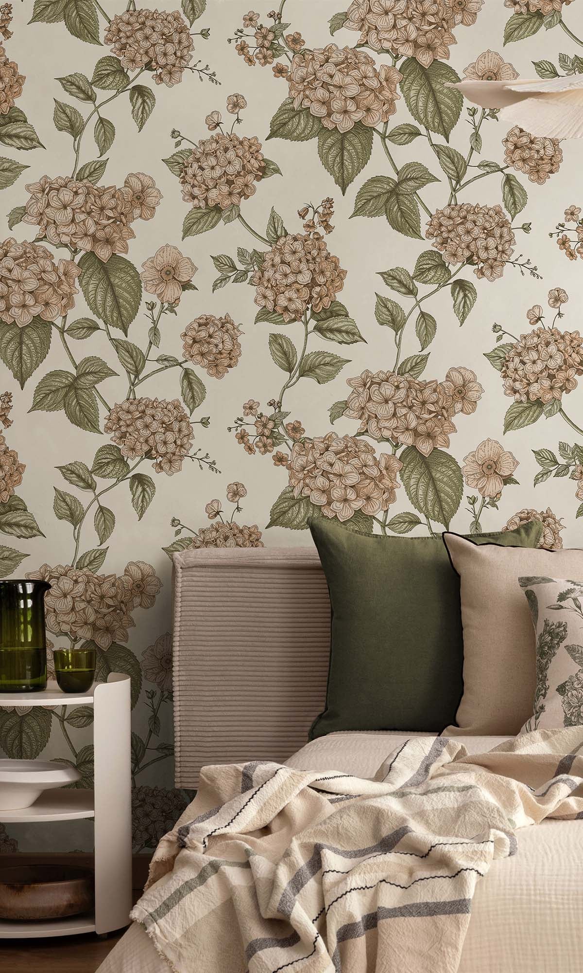 Coral/Green Elegant Hydrangea Wallpaper R10284