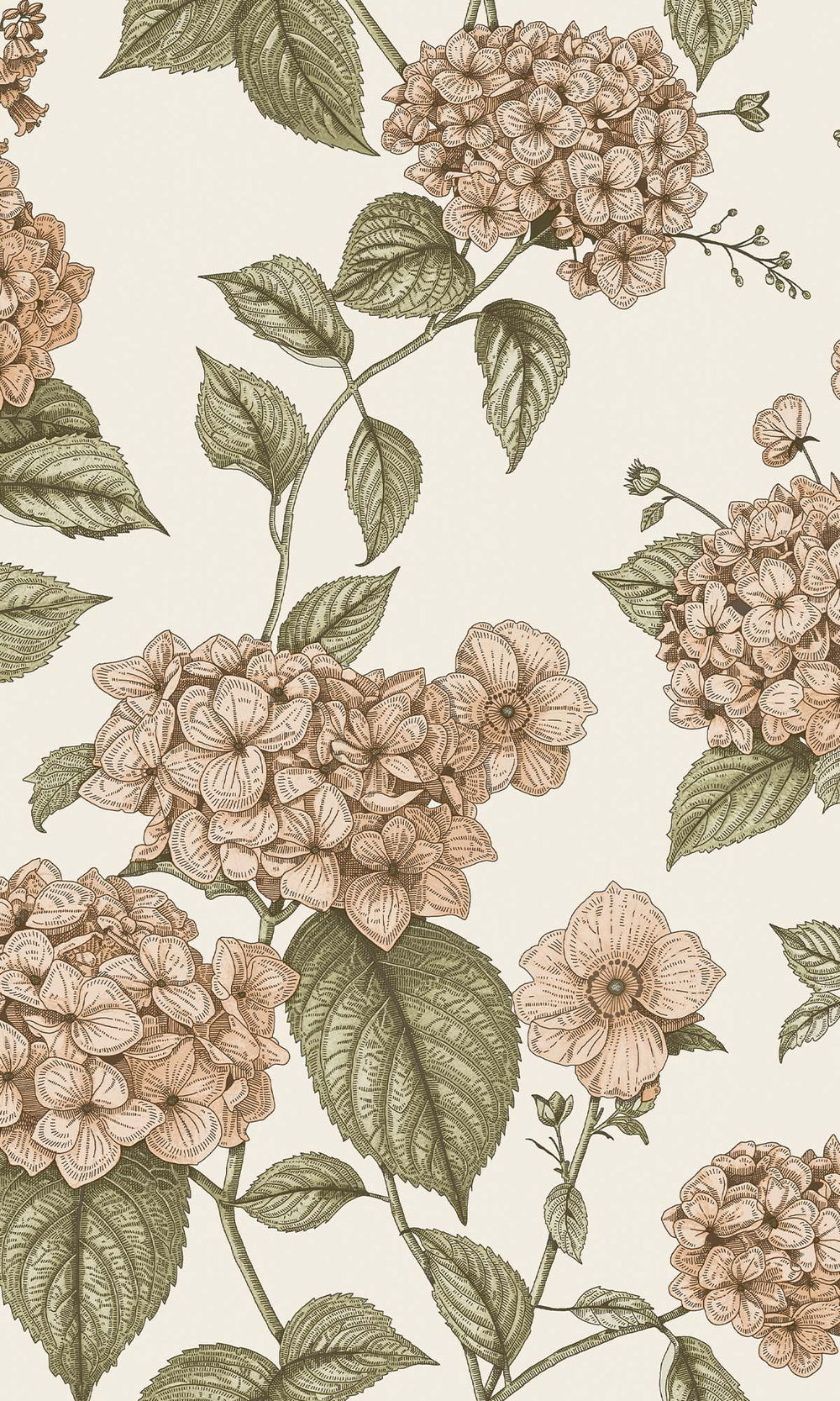 Coral/Green Elegant Hydrangea Wallpaper R10284