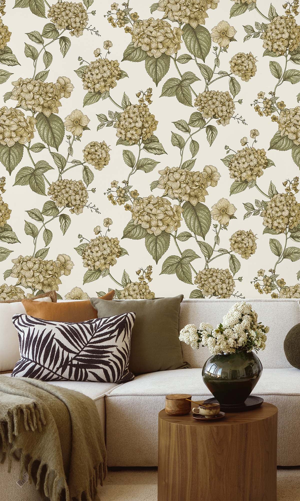 Ochre/Green Elegant Hydrangea Wallpaper R10286