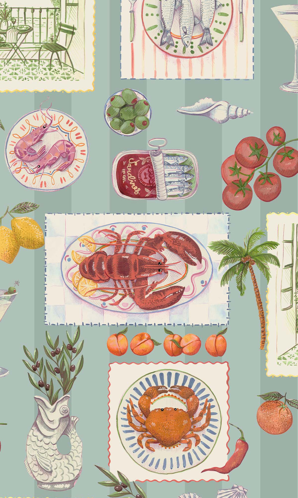 Blue Framed Mediterranean Cuisine Wallpaper R10289