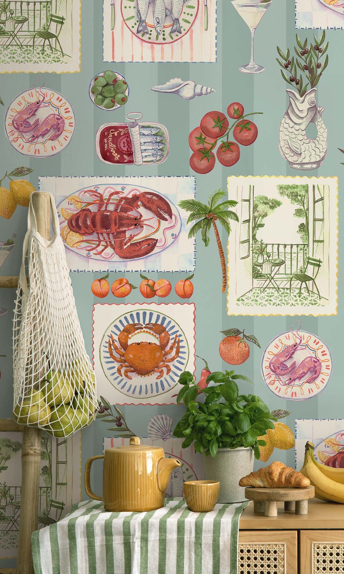 Blue Framed Mediterranean Cuisine Wallpaper R10289