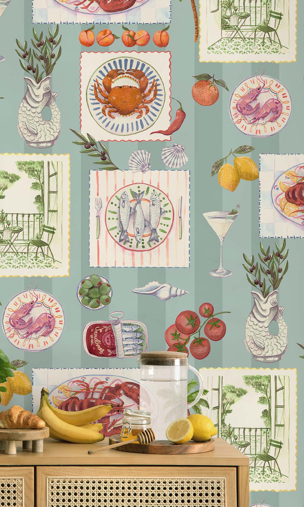 Blue Framed Mediterranean Cuisine Wallpaper R10289