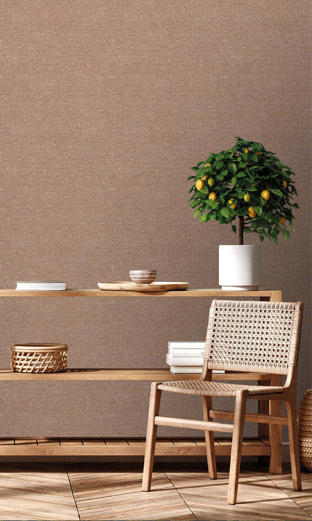 Carob Brown Faux Hemp Print Wallpaper R10298