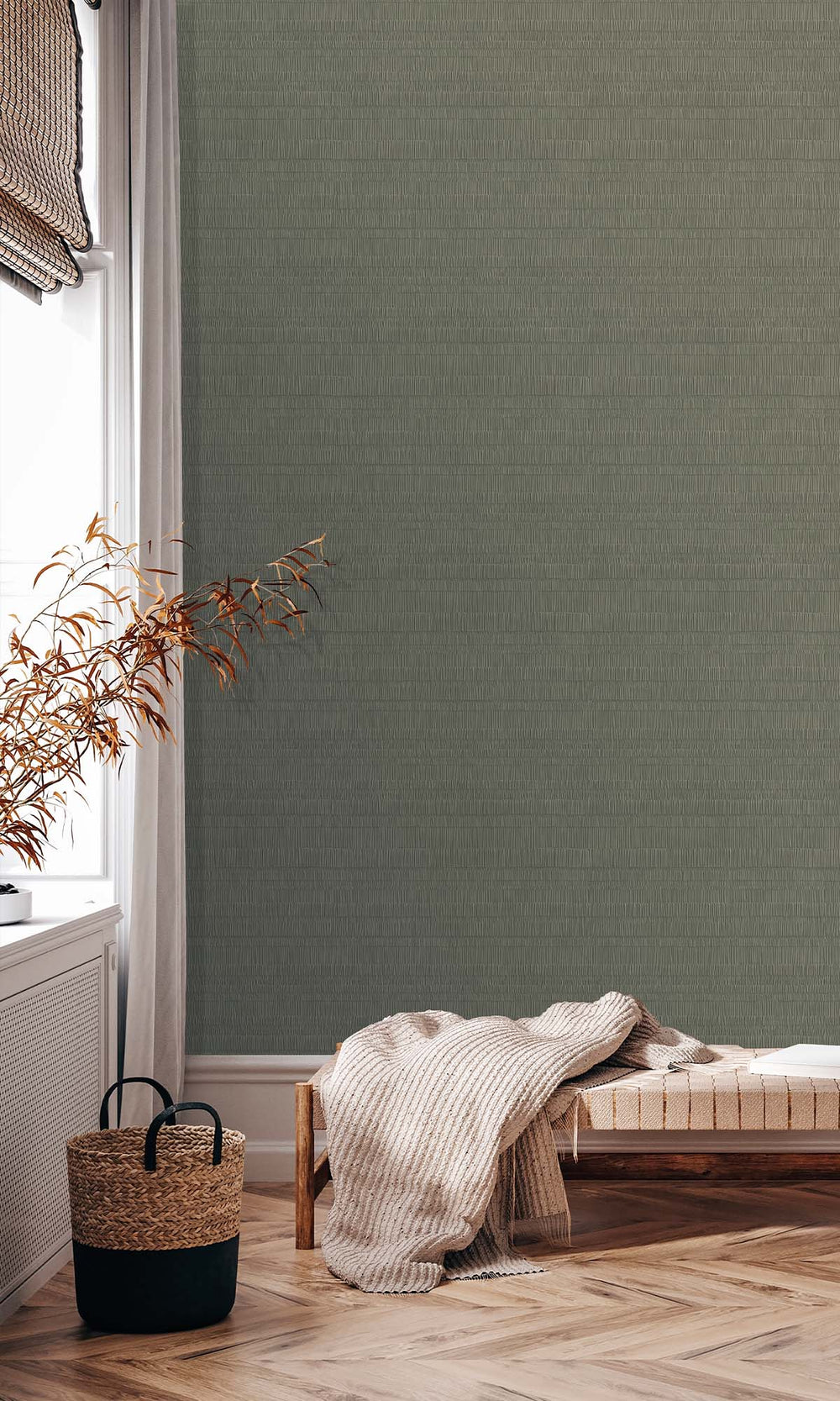 Deep Green Faux Bamboo Screen Wallpaper R10312