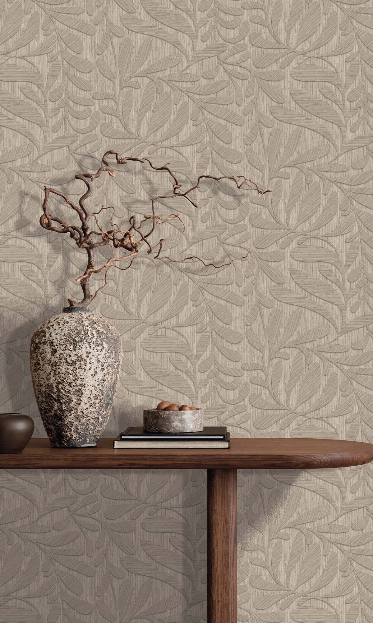 Warm Grey Embossed Leaves Wallpaper R10319