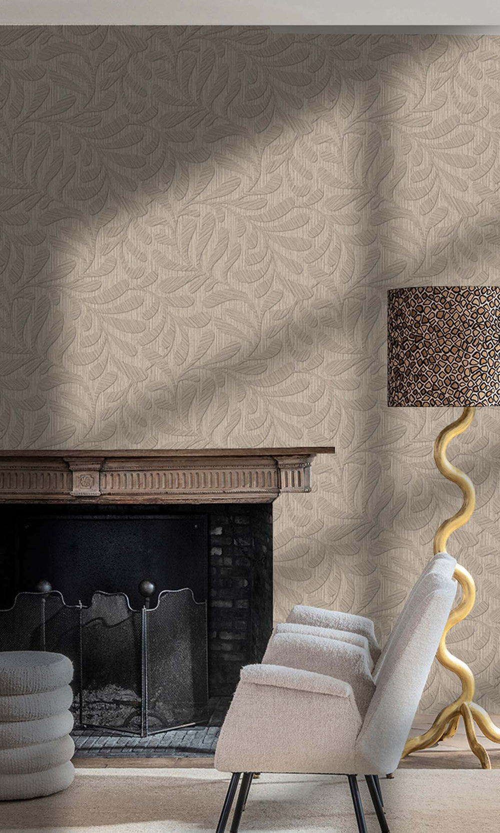Warm Grey Embossed Leaves Wallpaper R10319