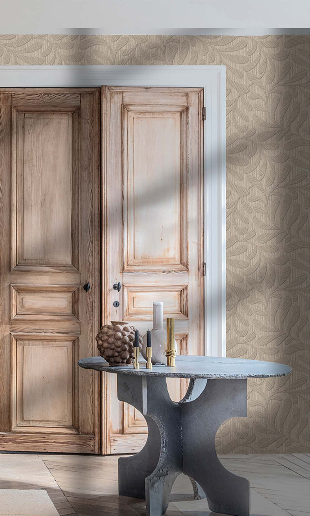 Warm Grey Embossed Leaves Wallpaper R10319