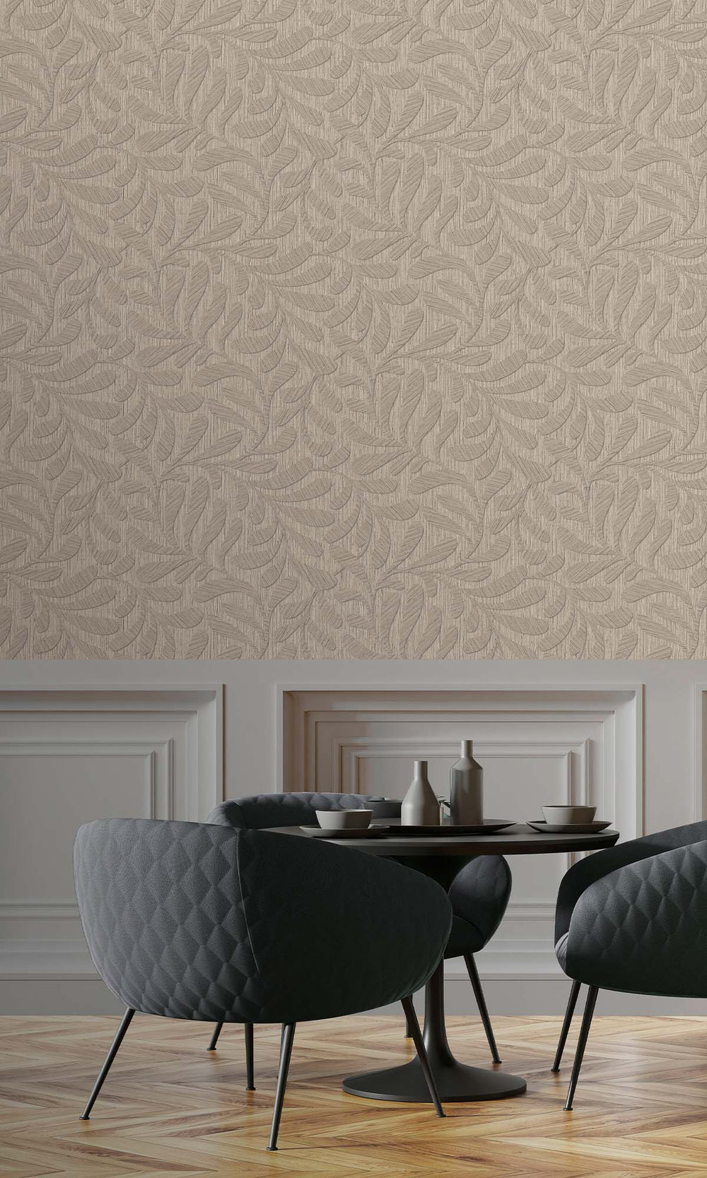 Warm Grey Embossed Leaves Wallpaper R10319