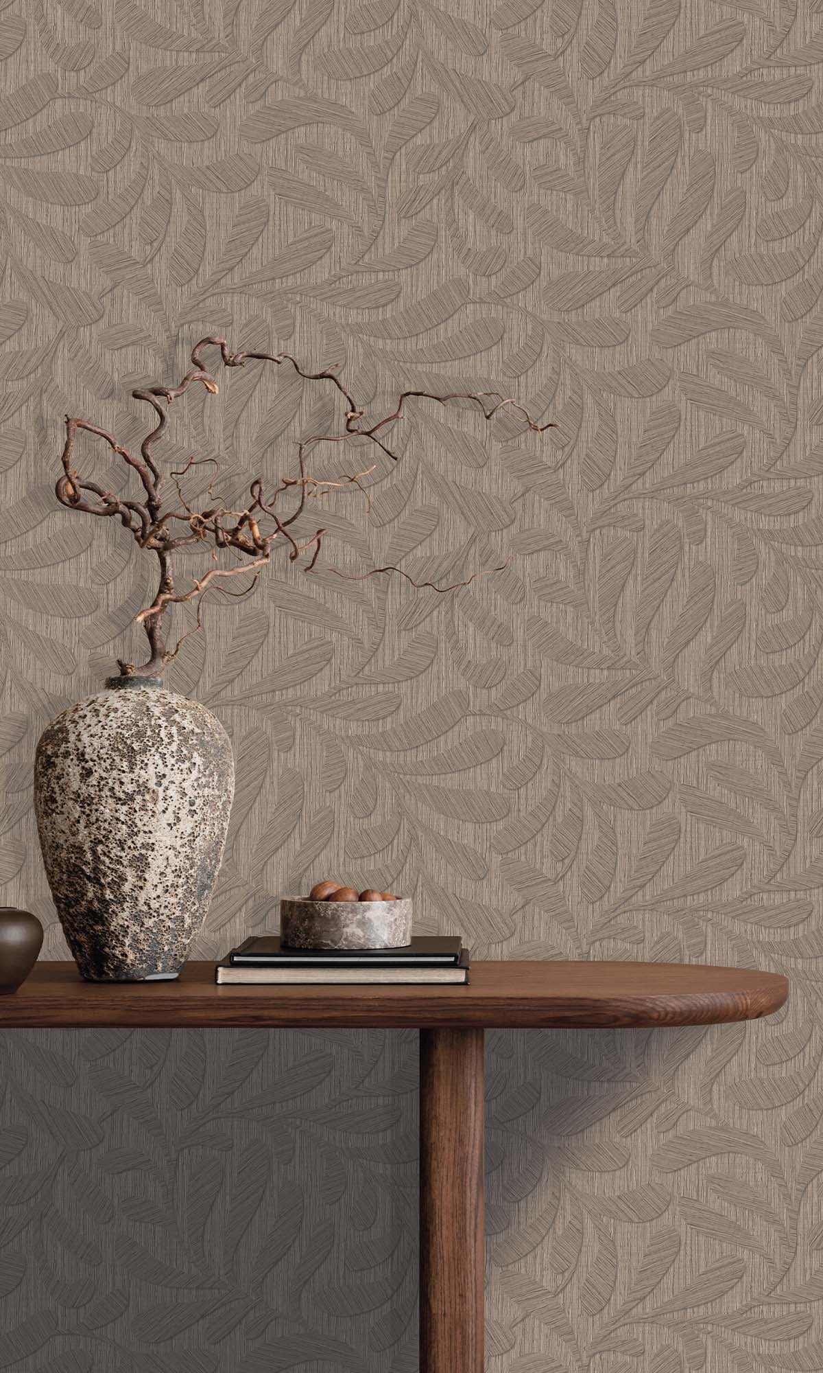 Roasted Cashew Embossed Leaves Wallpaper R10320