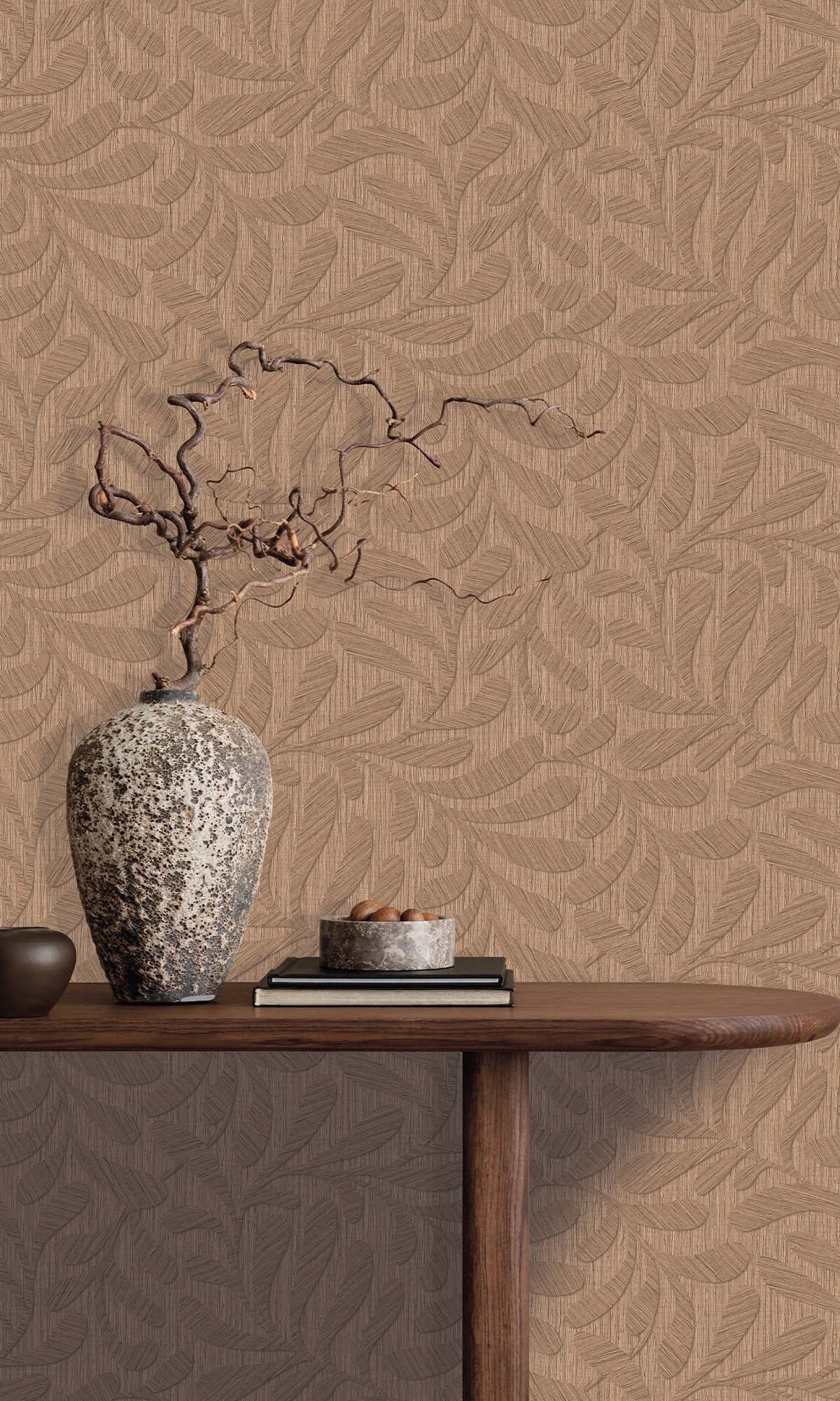 Chestnut Embossed Leaves Wallpaper R10321