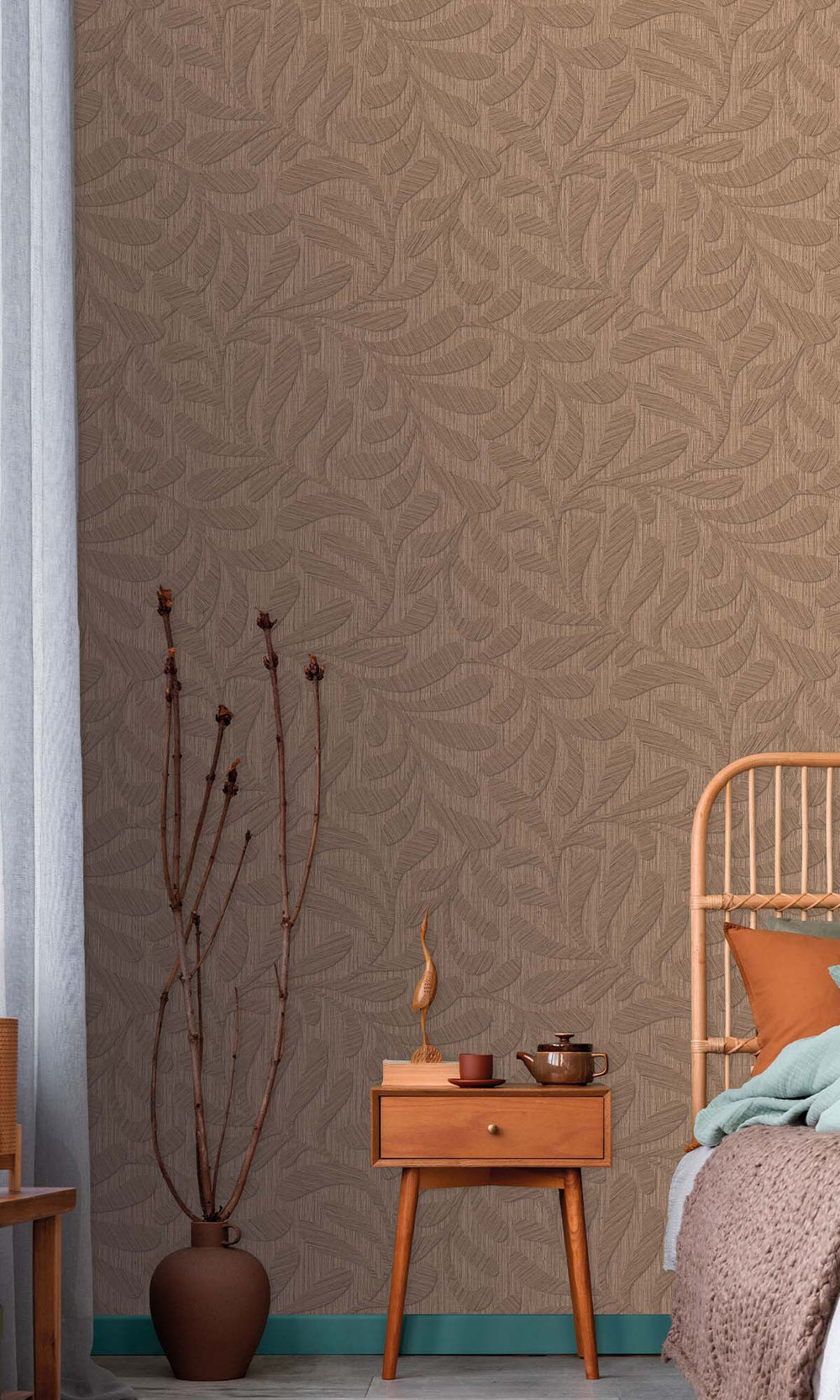 Chestnut Embossed Leaves Wallpaper R10321