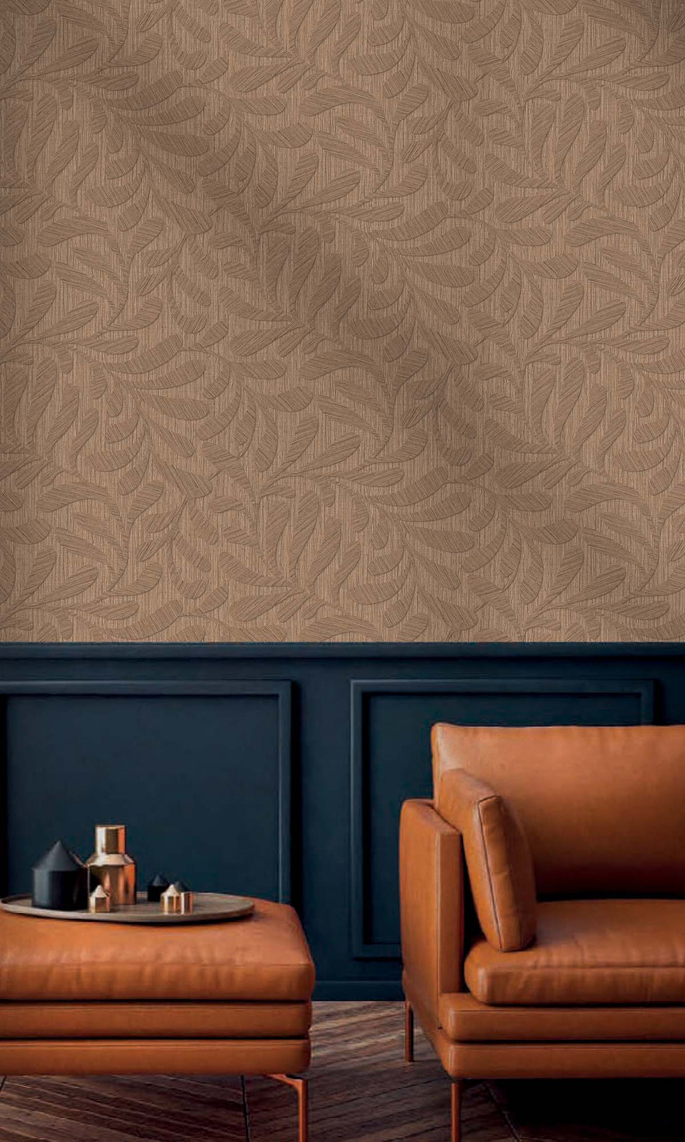 Chestnut Embossed Leaves Wallpaper R10321