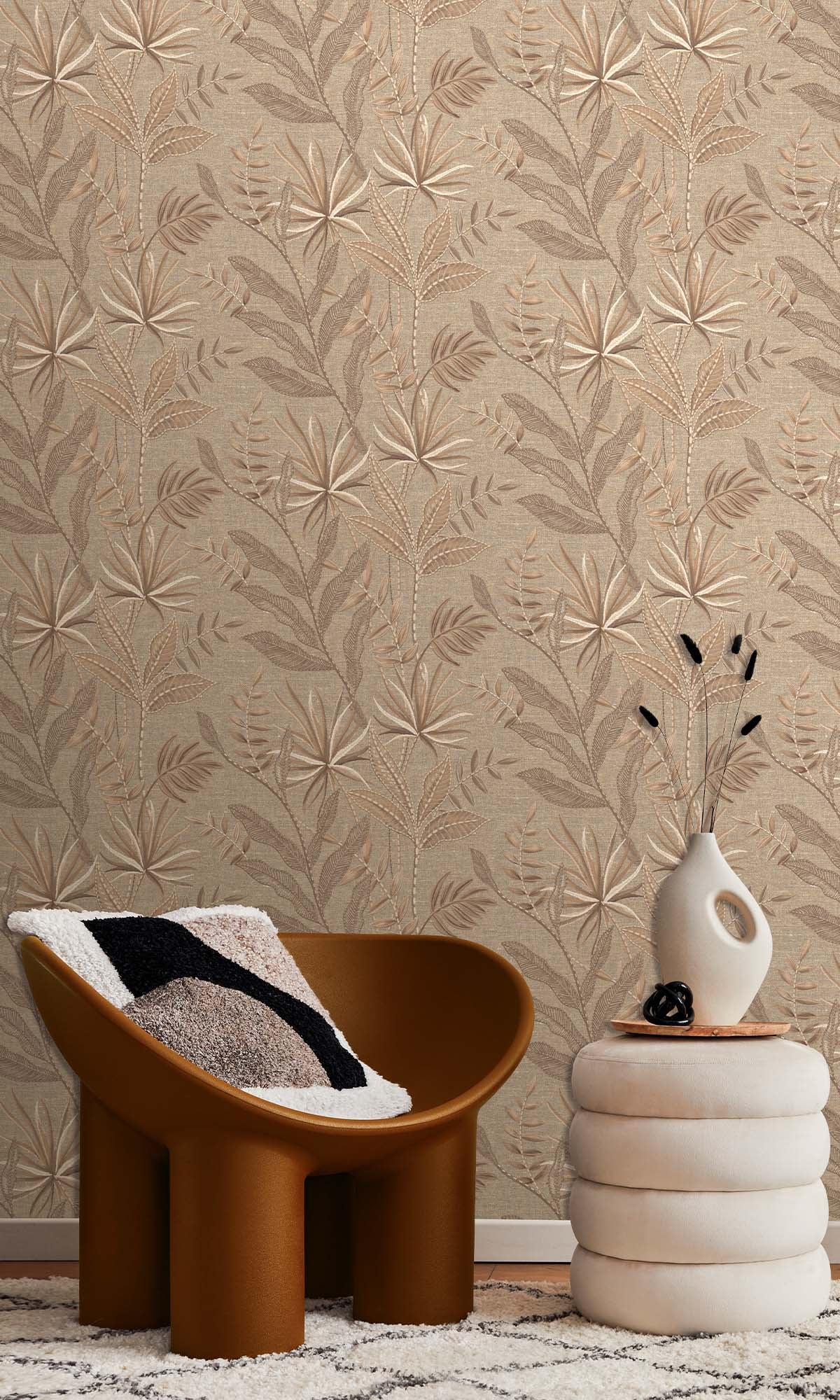 Taupe Tropical Flora Wallpaper R10331