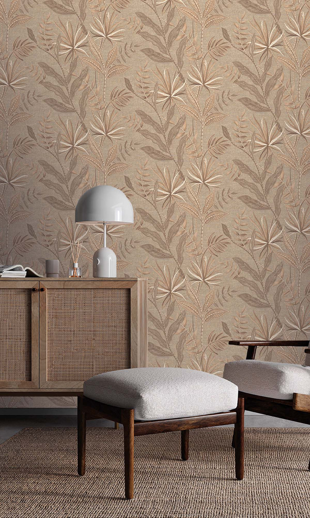 Taupe Tropical Flora Wallpaper R10331