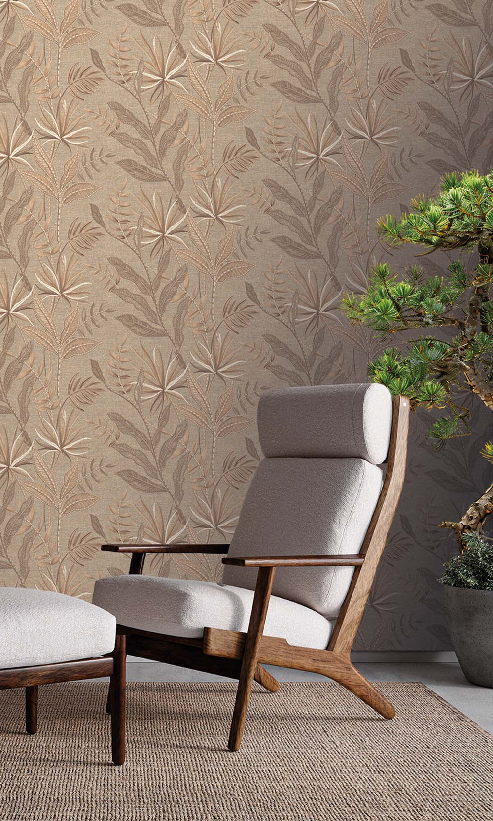 Taupe Tropical Flora Wallpaper R10331