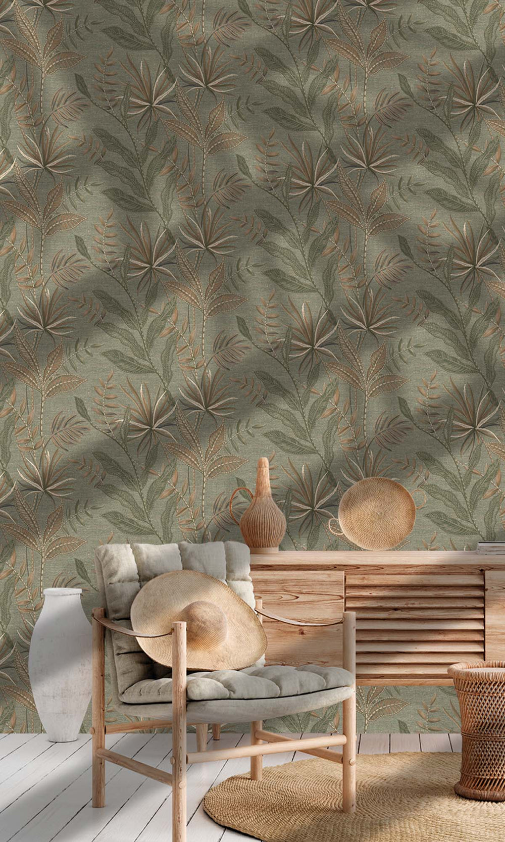 Oil Green Tropical Flora Wallpaper R10333