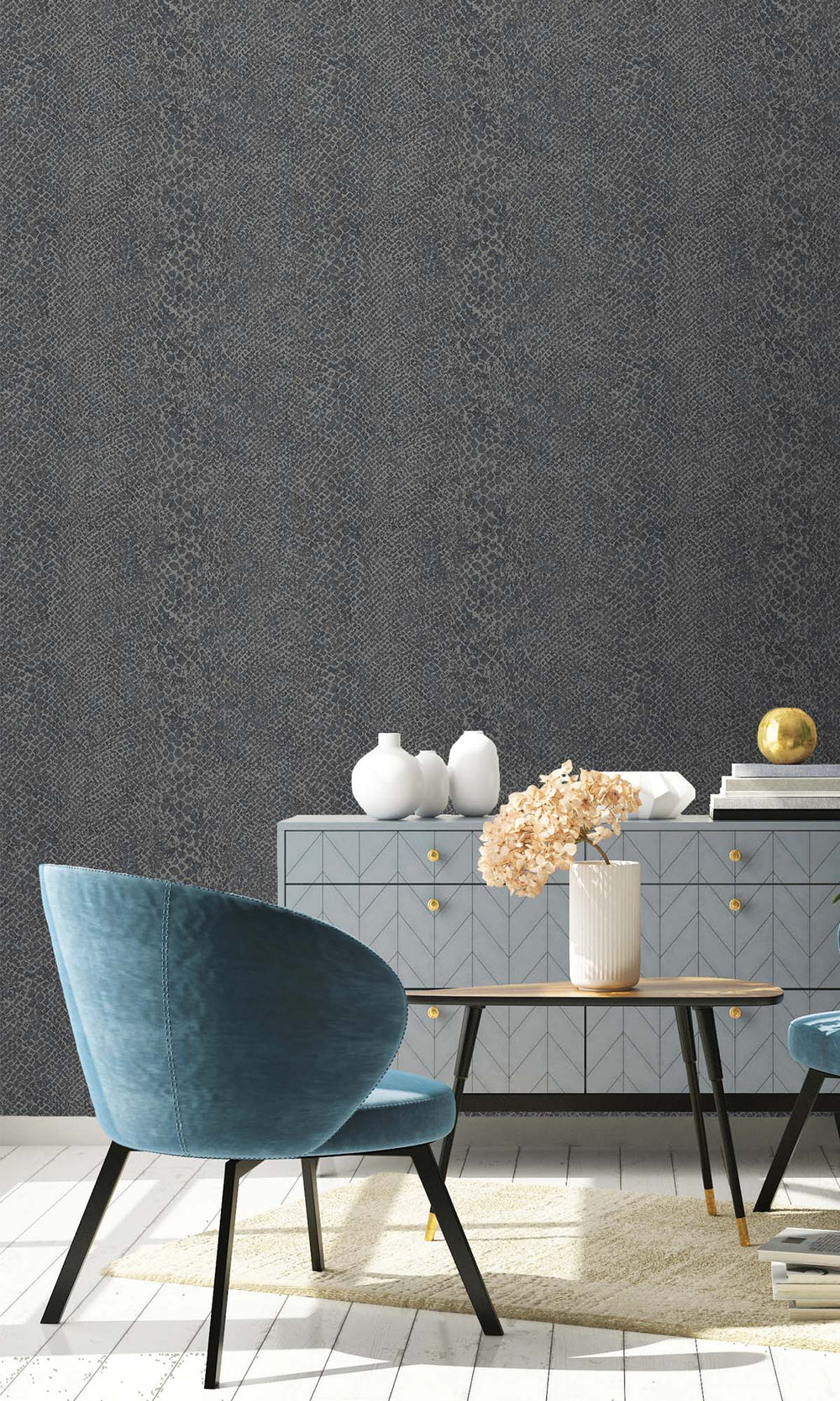 Navy Textured Faux Snakeskin Wallpaper R10347